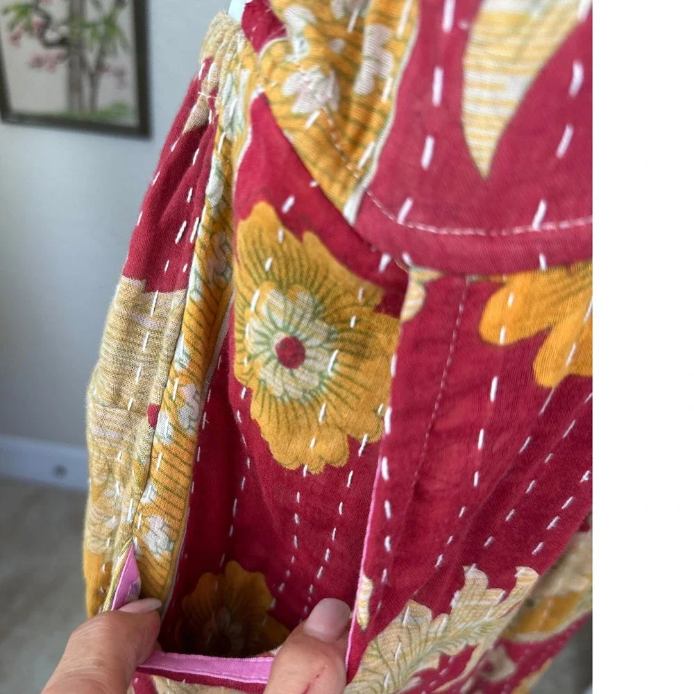 Kantha Karma NWOT Quilted Overalls Size L-XL Gold Floral Patchwork Handcrafted‎